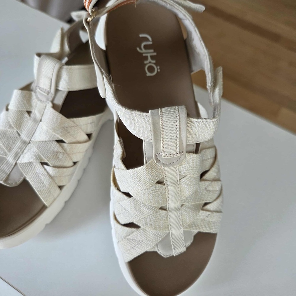 Ryka Blissful Strappy Sandals Size 8.5 Whitecap Beige Stretch Fabric lightweight - Picture 2 of 10